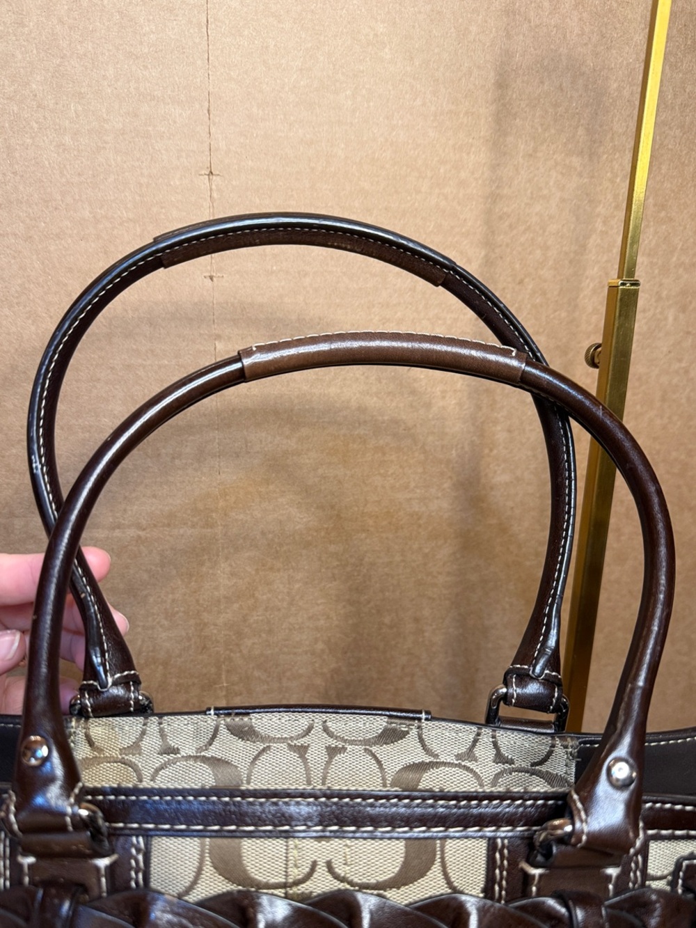 Coach F15665 Signature Gallery Tote Khaki Brown Braided Leather EUC - Picture 10 of 17